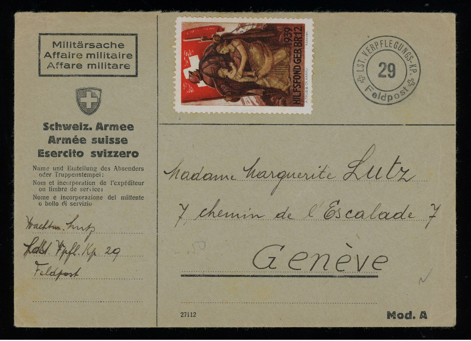 TREASURE HUNT [02165] Switzerland 1940 Cover Sent To Geneva Bearing Swiss Soldier`s Stamp, Special Pmk. - Briefe U. Dokumente