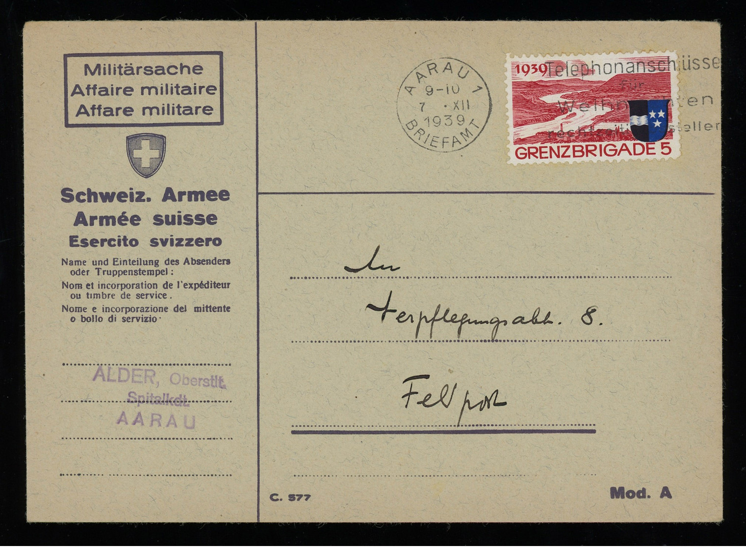 TREASURE HUNT [02167] Switzerland 1939 Cover Sent From Aarau Bearing Swiss Soldier`s Stamp, Slogan Pmk. - Briefe U. Dokumente