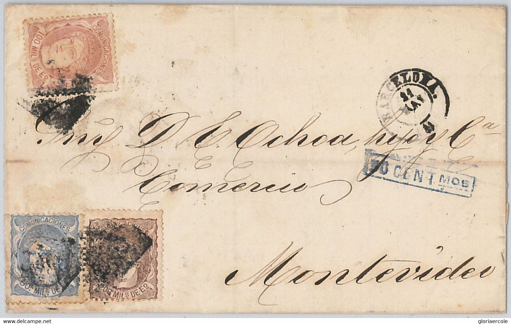 56405  - SPAIN - POSTAL HISTORY: 3 COLOUR FRANKING On Cover To MONTEVIDEO  1870 - Brieven En Documenten