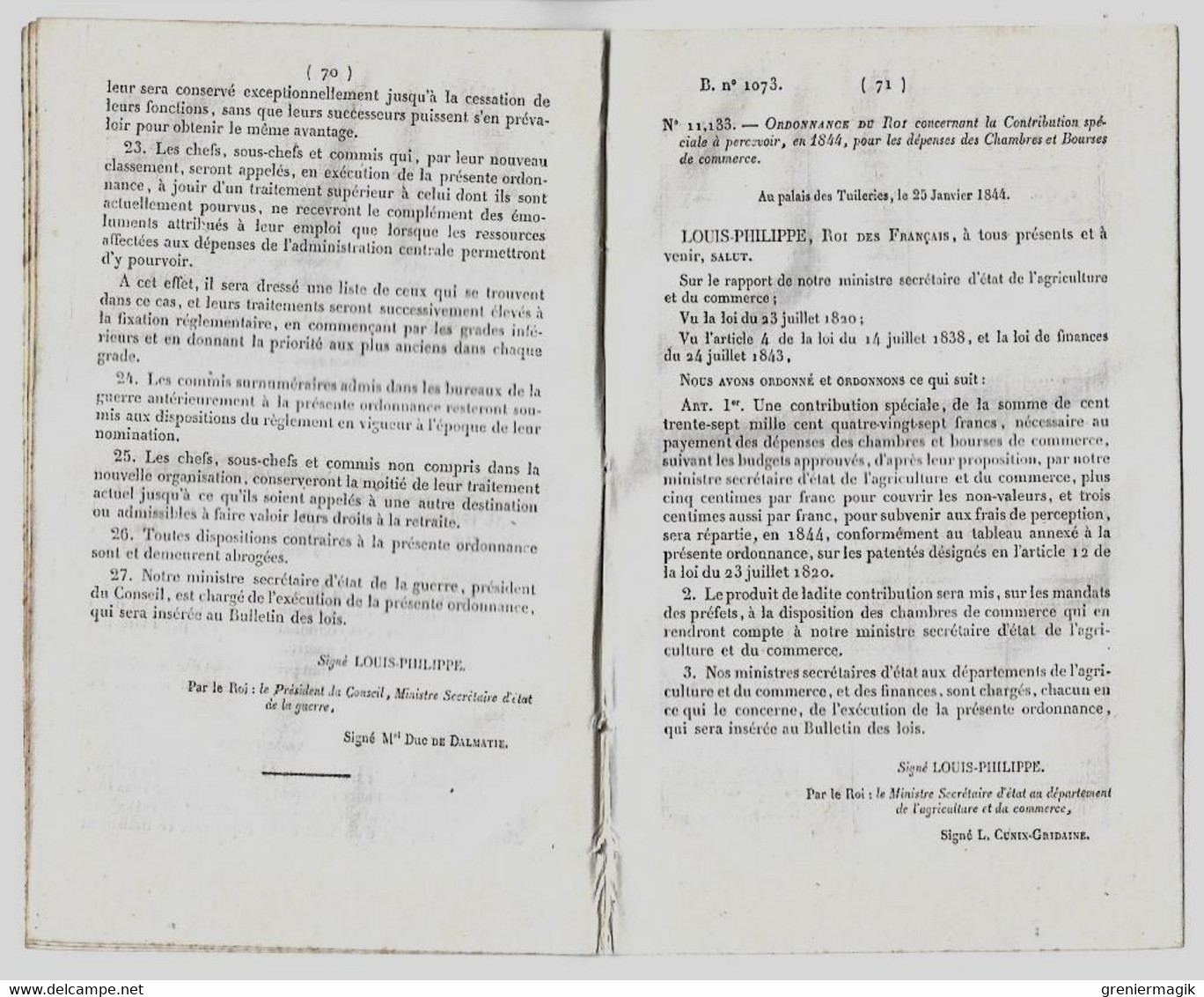 Bulletin Des Lois 1073 1844 Organisation De L'Administration Centrale Du Ministère De La Guerre/Contribution Spéciale... - Décrets & Lois