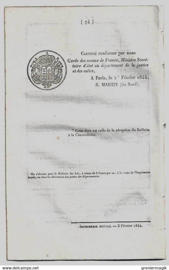 Bulletin des Lois 1073 1844 Organisation de l'Administration centrale du Ministère de la Guerre/Contribution spéciale...