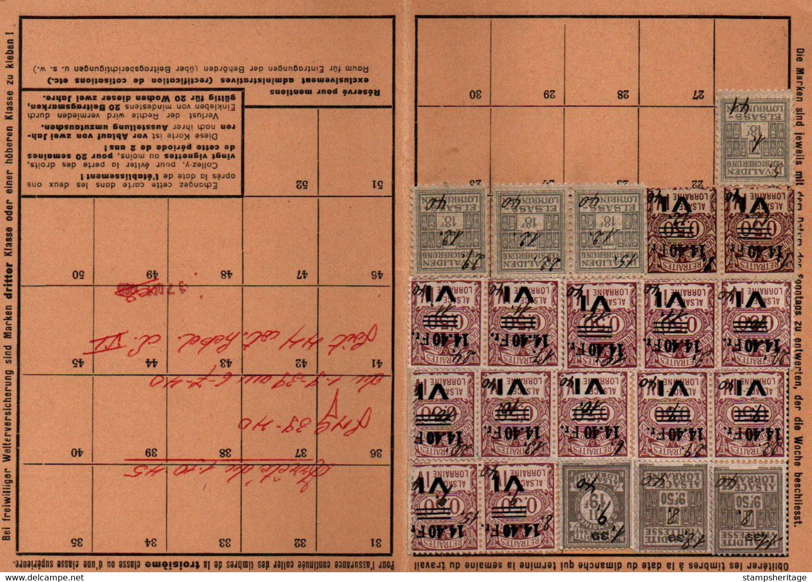 Lot De 5 Cartes De Quittance TIMBRES FISCAUX / SOCIO-POSTAUX / ALSACE LORRAINE - Other & Unclassified