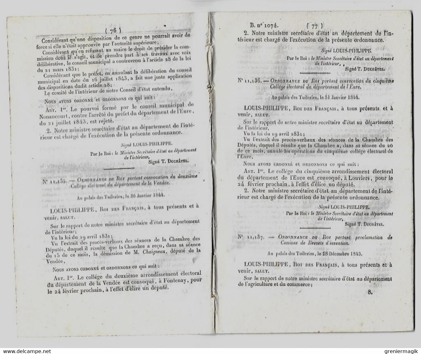 Bulletin Des Lois 1074 1844 Tarif Péage Pont De Purgerot/Brevets D'invention Antoine Joseph Sax Saxophone.../Nonnancourt - Décrets & Lois