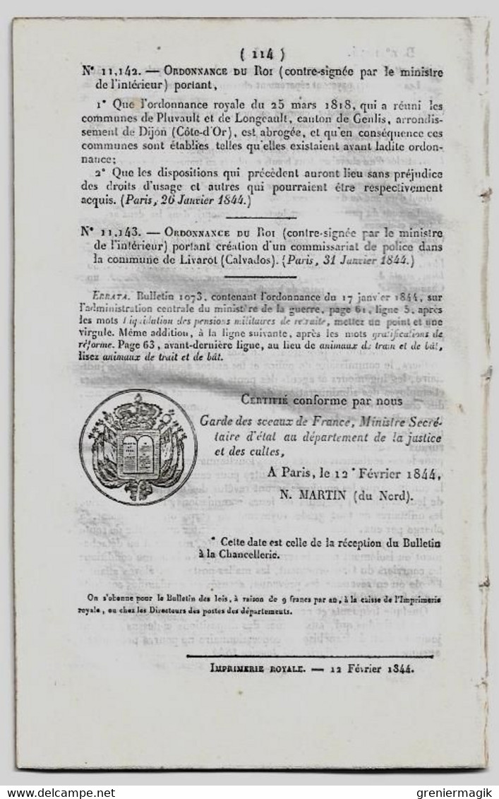 Bulletin des Lois 1074 1844 Tarif péage pont de Purgerot/Brevets d'invention Antoine Joseph Sax saxophone.../Nonnancourt