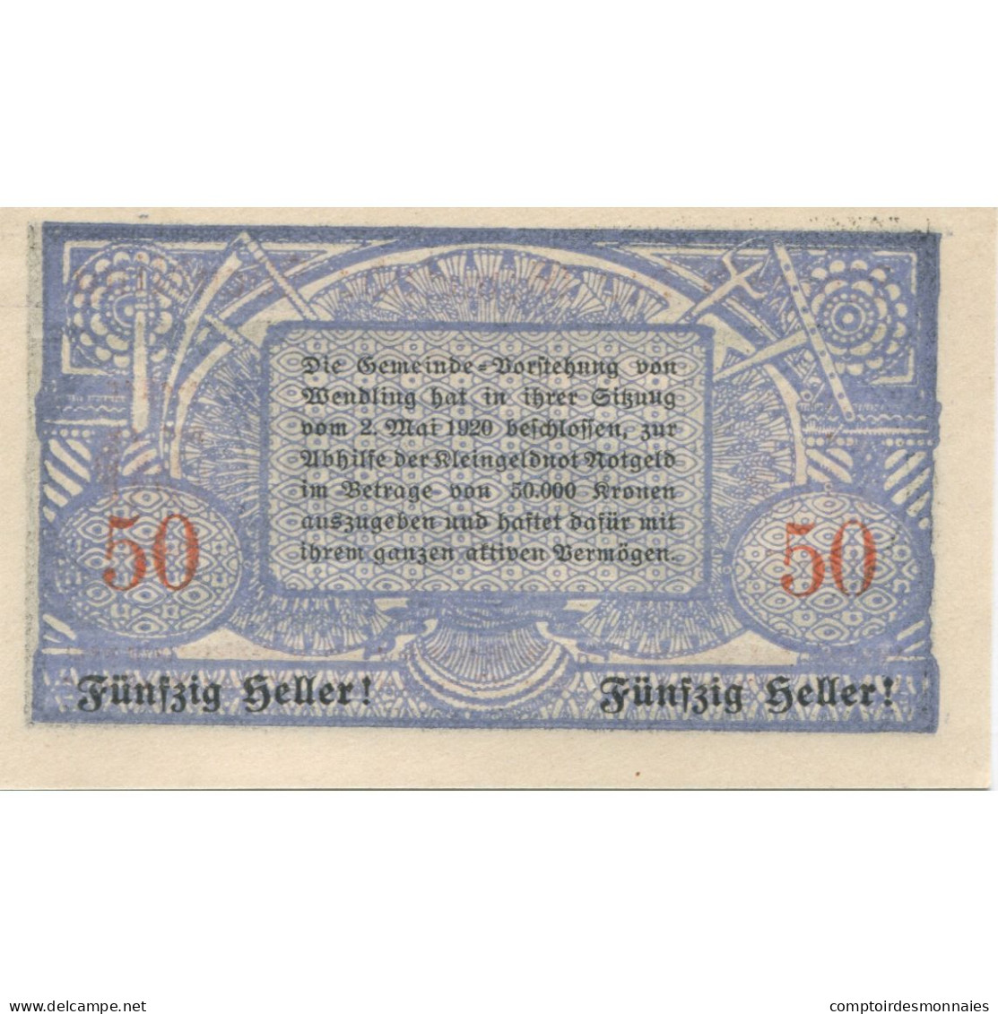 Billet, Autriche, Wendling, 50 Heller, Paysage 1920-12-15, SPL Mehl:FS 1170a - Austria