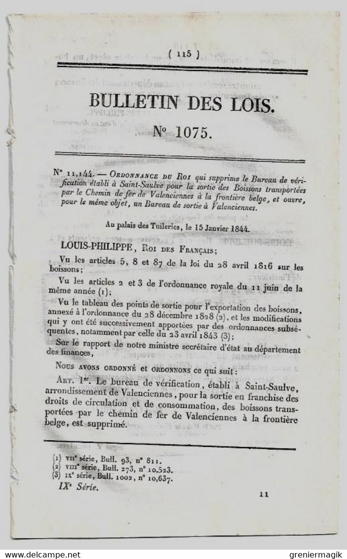 Bulletin Des Lois 1075 1844 Bureau (boissons Transportées Par Le Chemin De Fer De Valenciennes (Saint-Saulve)/Murat - Décrets & Lois