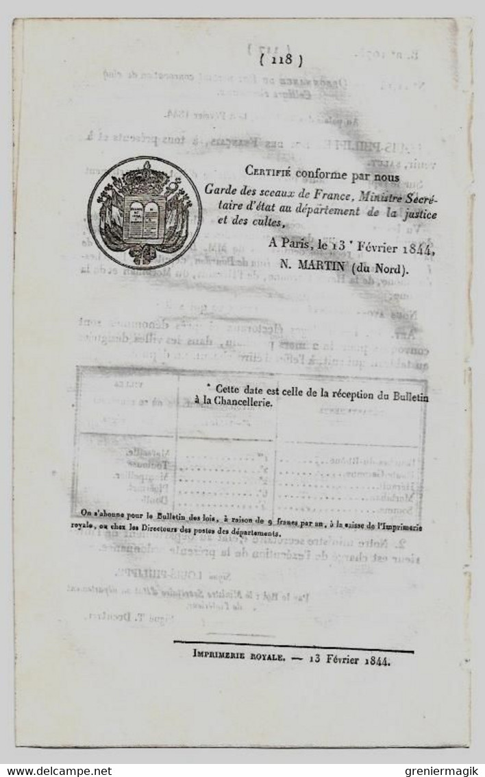 Bulletin Des Lois 1075 1844 Bureau (boissons Transportées Par Le Chemin De Fer De Valenciennes (Saint-Saulve)/Murat - Décrets & Lois