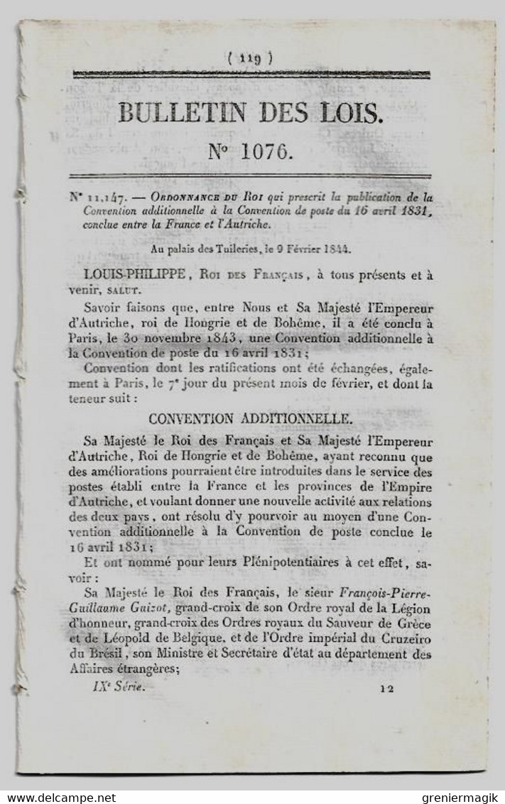 Bulletin Des Lois 1076 1844 Poste Convention Additionnelle Conclue Entre La France Et L'Autriche/Stains/Tourcoing - Décrets & Lois