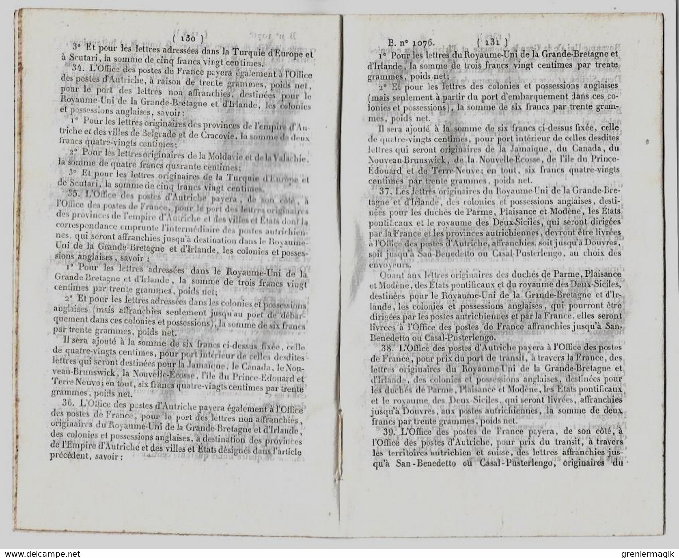 Bulletin Des Lois 1076 1844 Poste Convention Additionnelle Conclue Entre La France Et L'Autriche/Stains/Tourcoing - Décrets & Lois