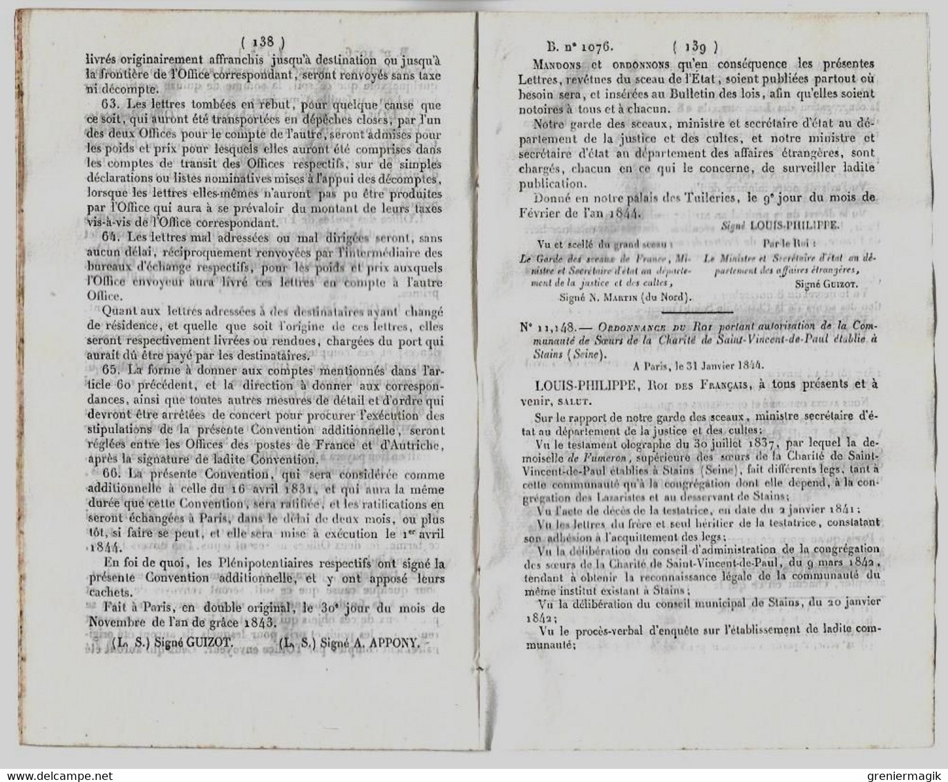 Bulletin Des Lois 1076 1844 Poste Convention Additionnelle Conclue Entre La France Et L'Autriche/Stains/Tourcoing - Décrets & Lois