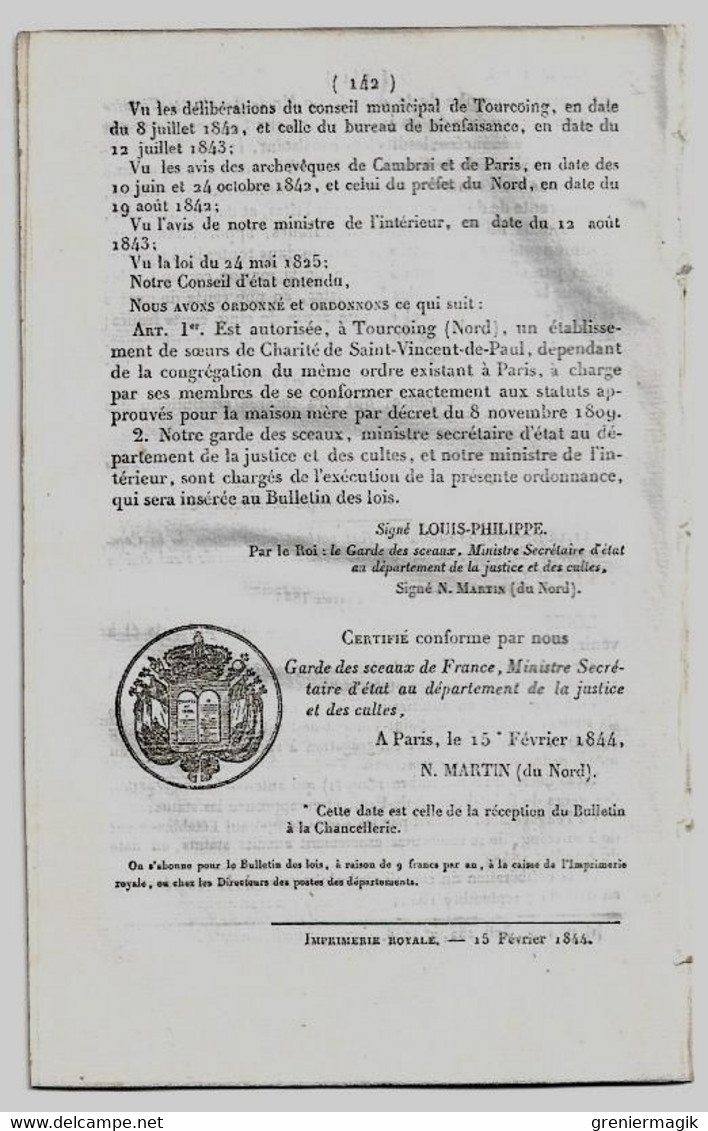 Bulletin Des Lois 1076 1844 Poste Convention Additionnelle Conclue Entre La France Et L'Autriche/Stains/Tourcoing - Décrets & Lois