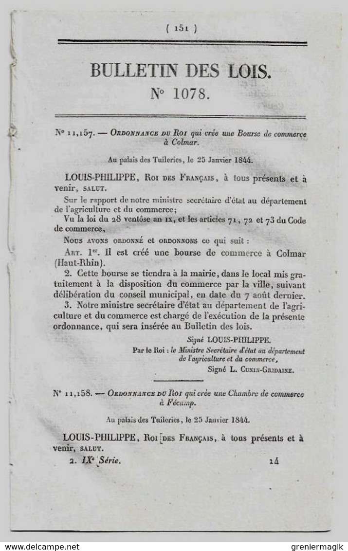 Bulletin Des Lois 1078 1844 Bourse De Commerce à Colmar/Chambre De Commerce à Fécamp/Bulles D'institution Canonique - Décrets & Lois