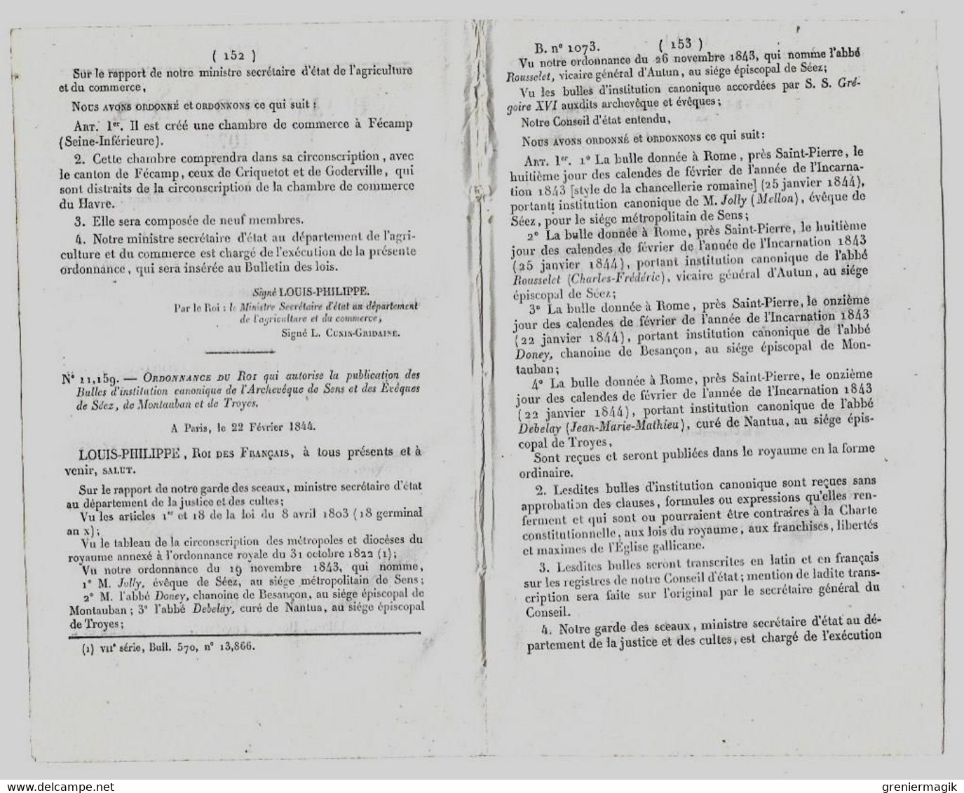 Bulletin Des Lois 1078 1844 Bourse De Commerce à Colmar/Chambre De Commerce à Fécamp/Bulles D'institution Canonique - Décrets & Lois