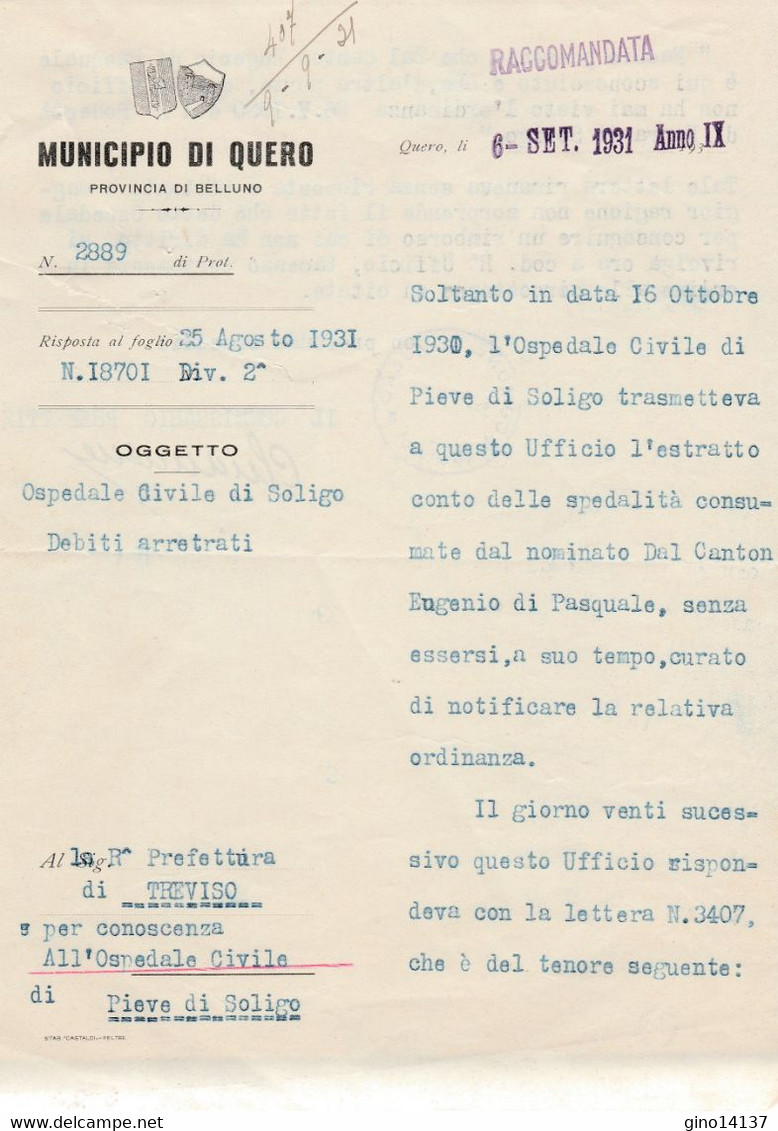 Lettera RACCOMANDATA Municipio Di QUERO - Belluno - Ospedale Soligo - Anno 1931 - Italia