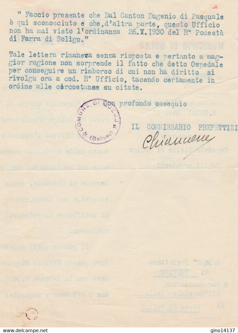 Lettera RACCOMANDATA Municipio Di QUERO - Belluno - Ospedale Soligo - Anno 1931 - Italia