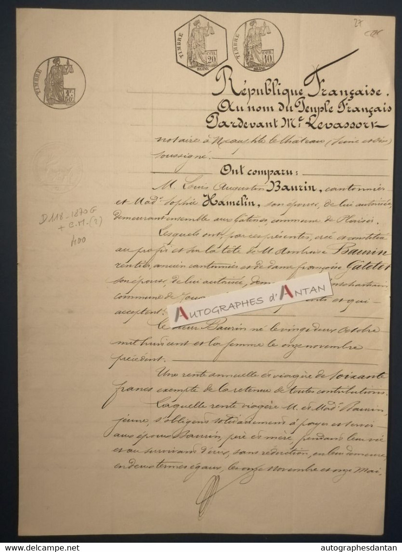 1871 Familles BAURIN - HAMELIN - GATELET - Mé Levassort à Neauphle Le Château - Seine Et Oise - Acte Notarié Manuscrit - Manuskripte