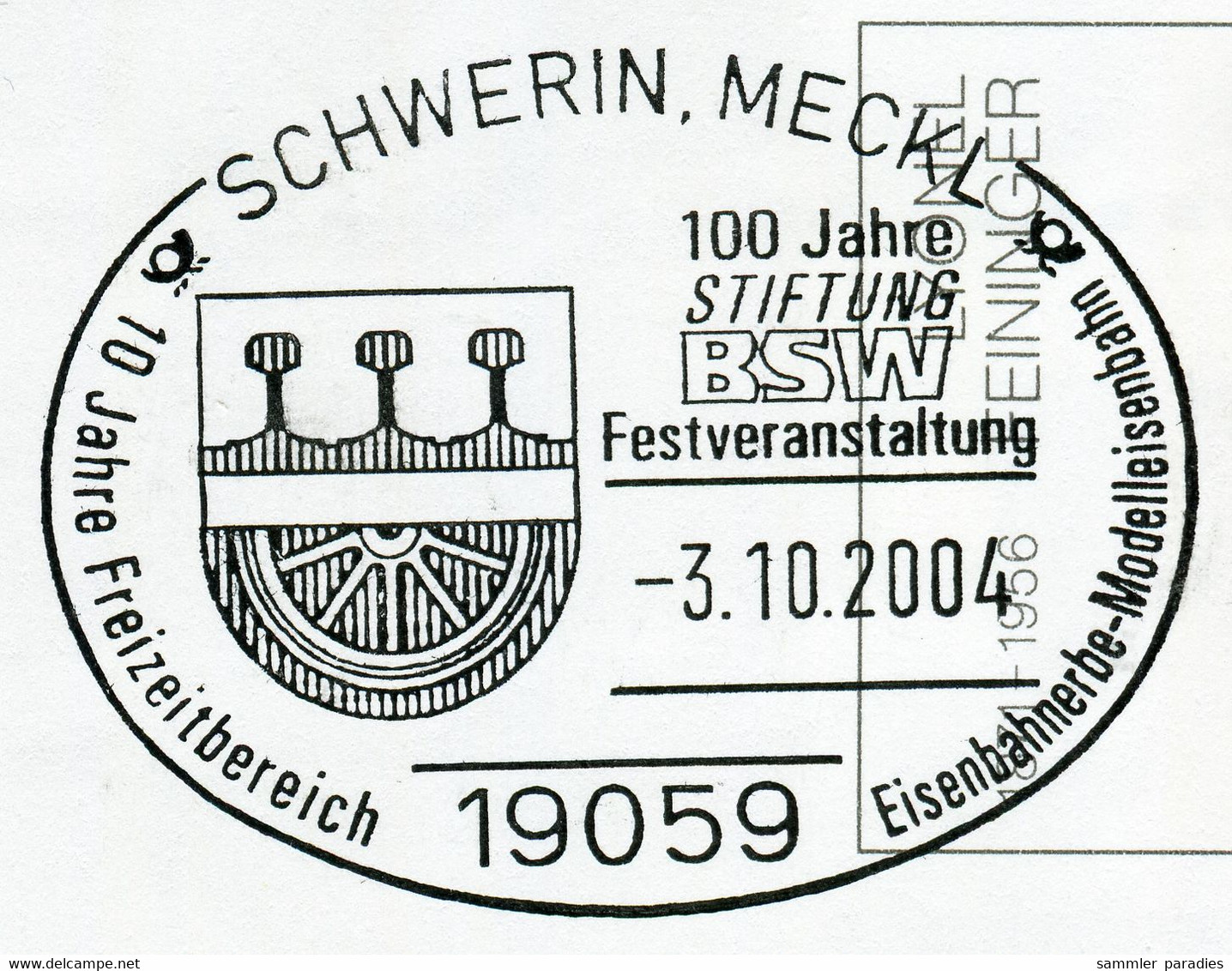 12839) BRD -  ✉ USo 45 Codiert, So-⨀ 19059 Schwerin, Meckl Vom 03.10.2004 - 100 Jahre Stiftung BSW Eisenbahner - Umschläge - Gebraucht