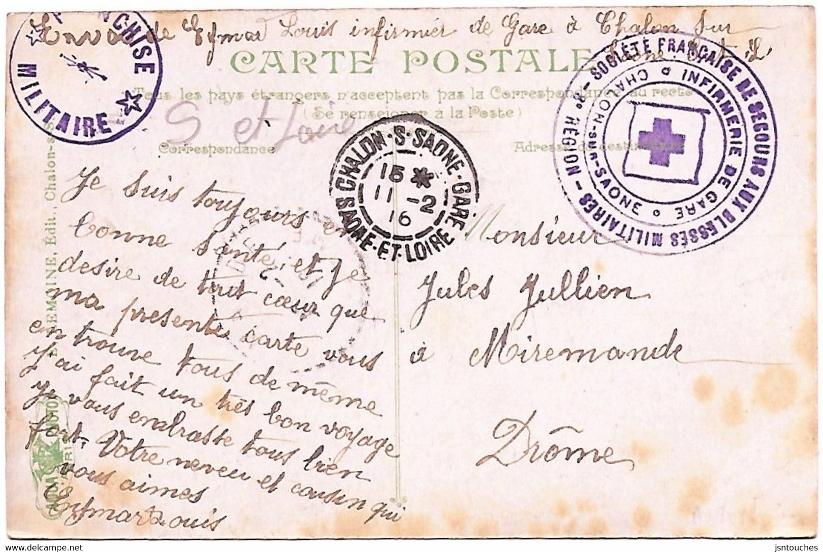 CHALON SUR SAONE _ Franchise _Société Française De Secours Aux Blessés Militaires _ Infirmerie De Gare _violet _1916. - Storia Postale