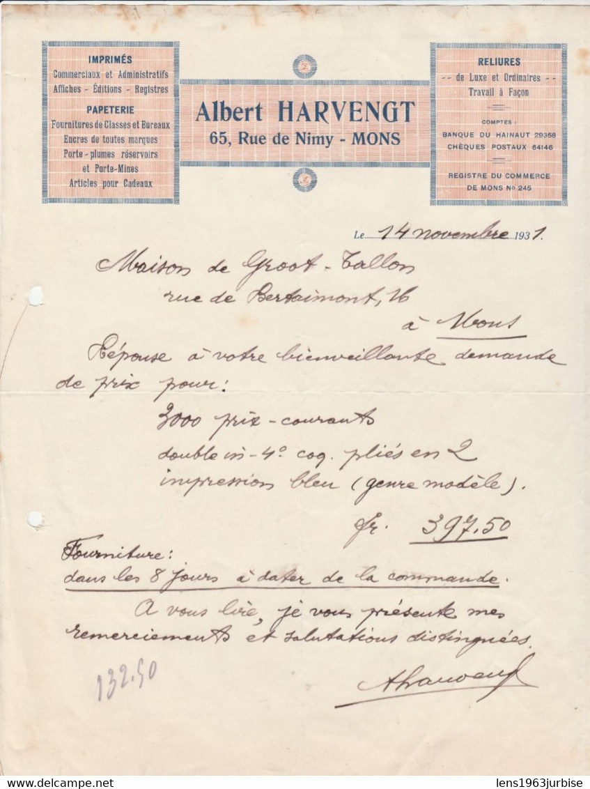 Mons , Albert Harvengt , 65 , Rue De Nimy , ( 1931 ) - Drukkerij & Papieren