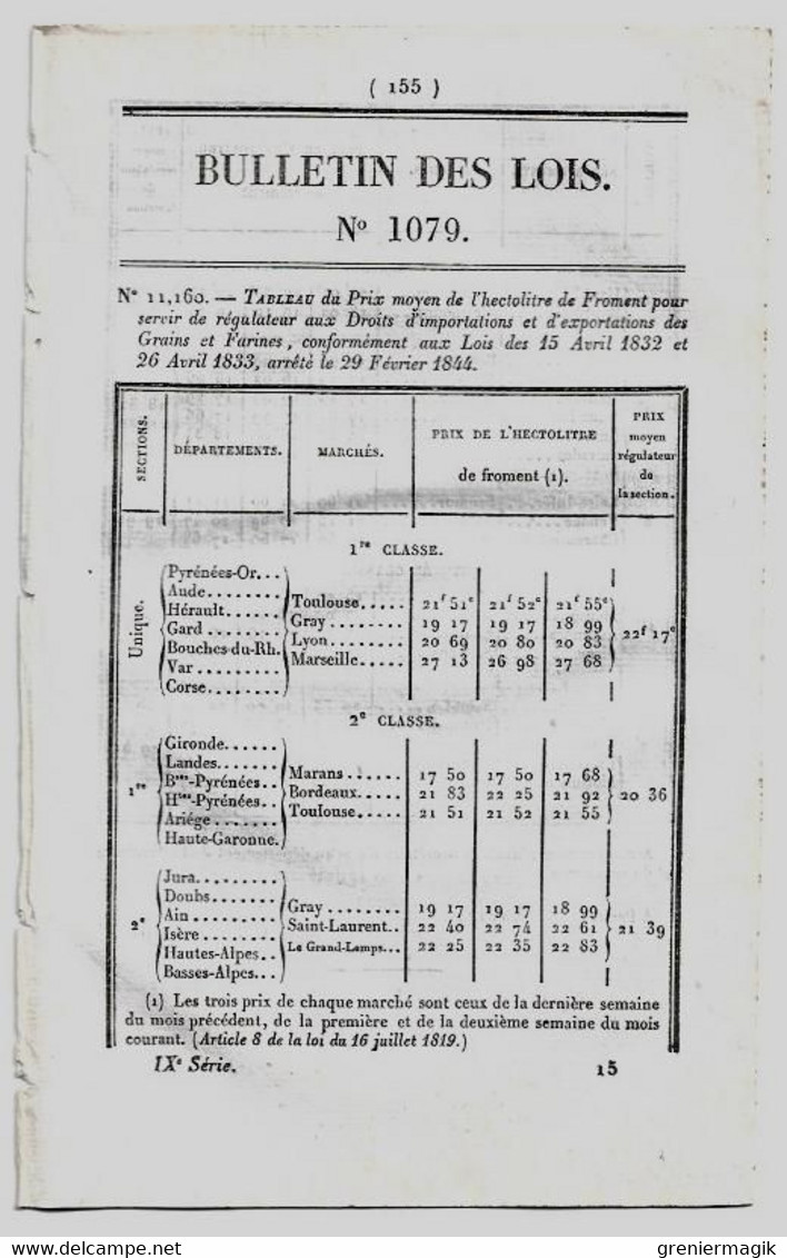 Bulletin Des Lois 1079 1844 Etalons Administration Des Haras/Commissariat De Police à La Guerche/Vente Coupes Des Bois - Décrets & Lois