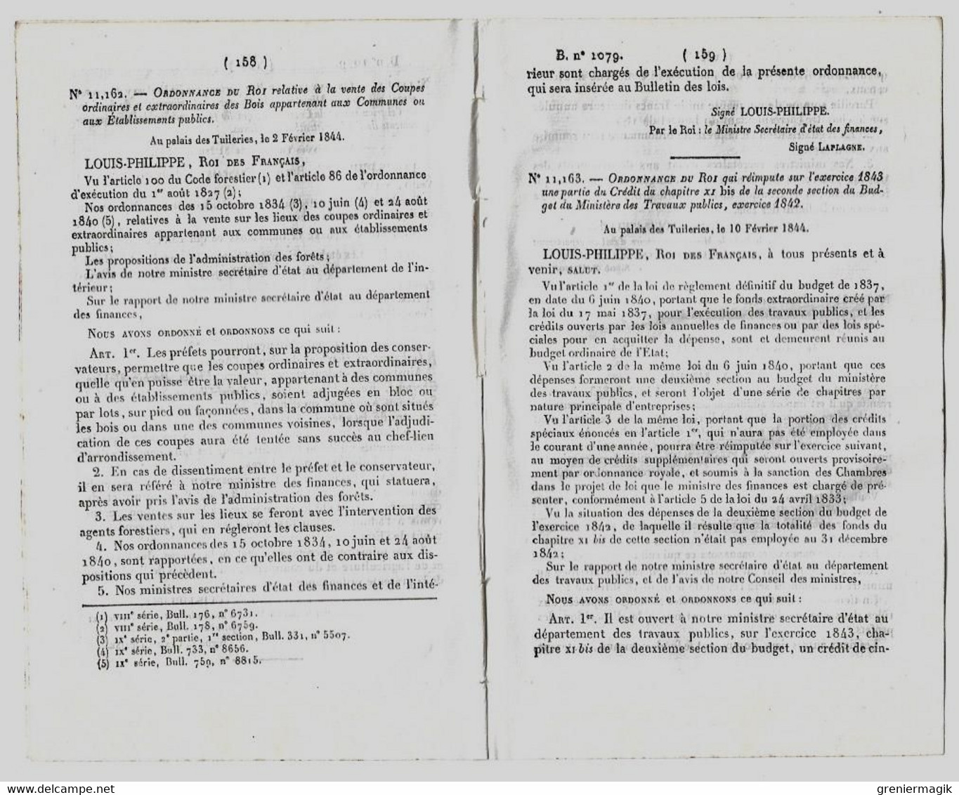 Bulletin Des Lois 1079 1844 Etalons Administration Des Haras/Commissariat De Police à La Guerche/Vente Coupes Des Bois - Décrets & Lois