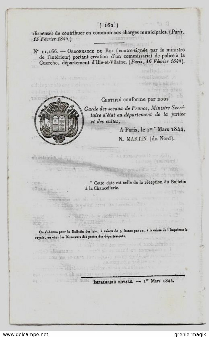 Bulletin Des Lois 1079 1844 Etalons Administration Des Haras/Commissariat De Police à La Guerche/Vente Coupes Des Bois - Décrets & Lois