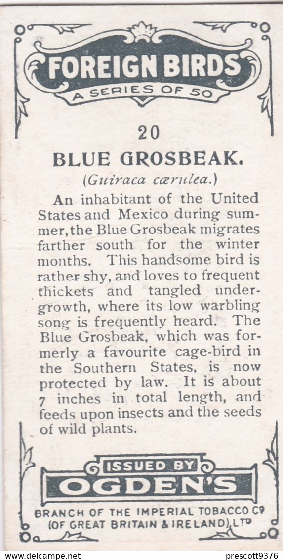 20 Blue Grosbeak  - Foreign Birds 1924 - Ogdens  Cigarette Card - Original - Wildlife - Ogden's