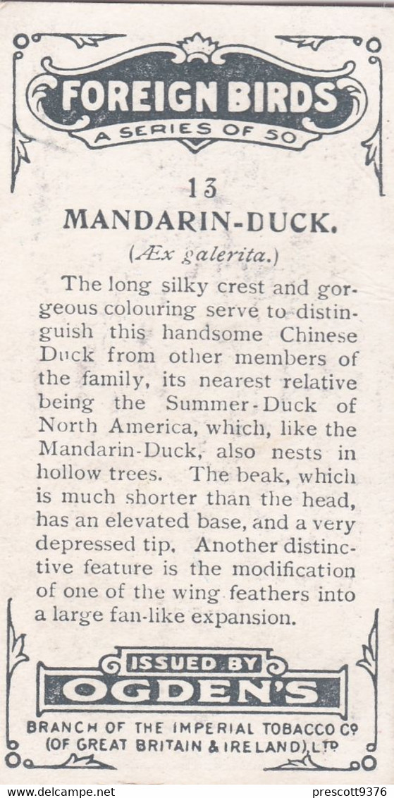 13 Mandarin Duck  - Foreign Birds 1924 - Ogdens  Cigarette Card - Original - Wildlife - Ogden's