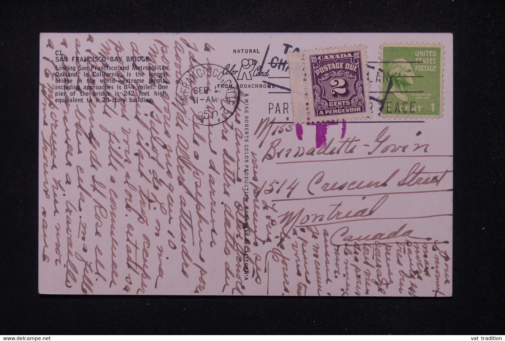 CANADA - Taxe De Montréal Sur Carte Postale De San Francisco En 1950 - L 106348 - Briefe U. Dokumente