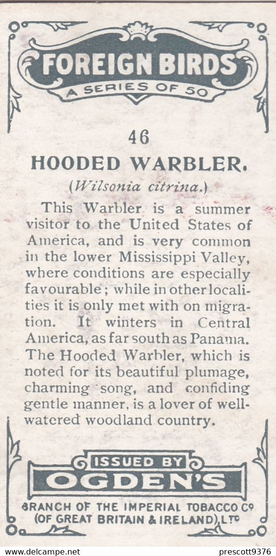 46 Hooded Warbler  - Foreign Birds 1924 - Ogdens  Cigarette Card - Original - Wildlife - Ogden's