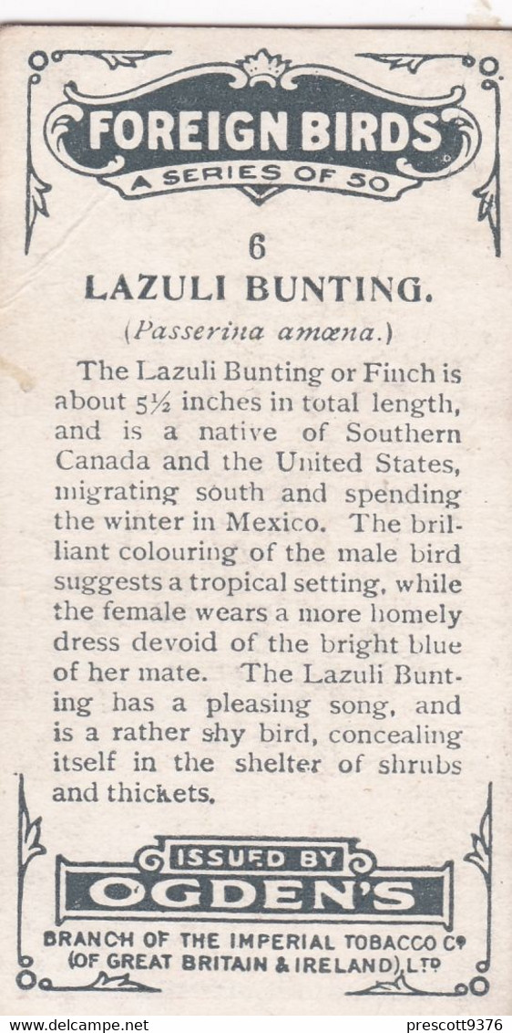 6 Lazuli Bunting - Foreign Birds 1924 - Ogdens  Cigarette Card - Original - Wildlife - Ogden's