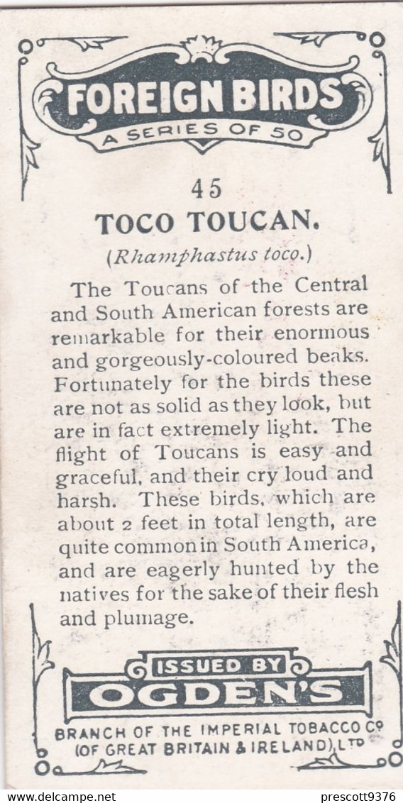 45 Toco Toucan - Foreign Birds 1924 - Ogdens  Cigarette Card - Original - Wildlife - Ogden's