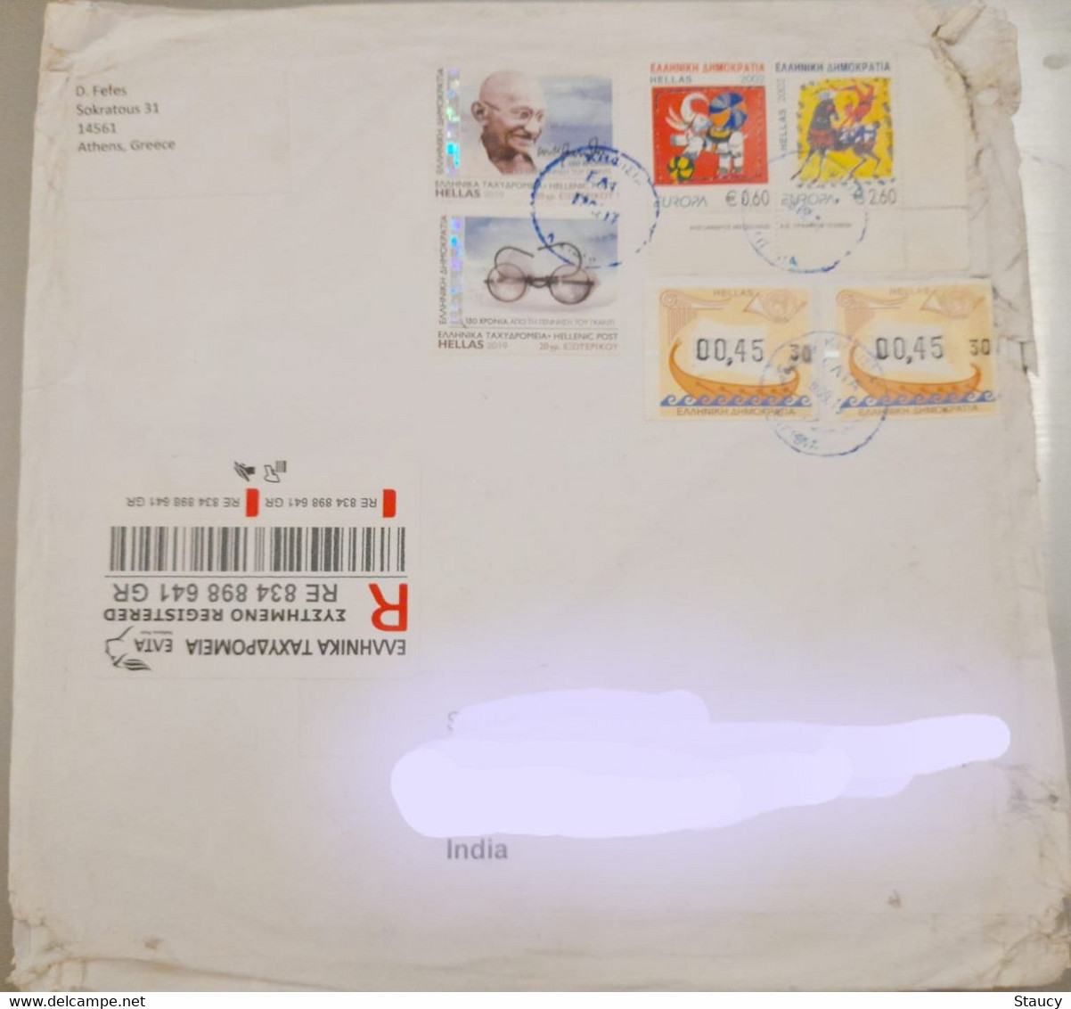 GREECE 2019 MAHATMA GANDHI 150th BIRTH ANNIVERSARY REGISTERED COVER Travelled To INDIA, RARE - Covers & Documents