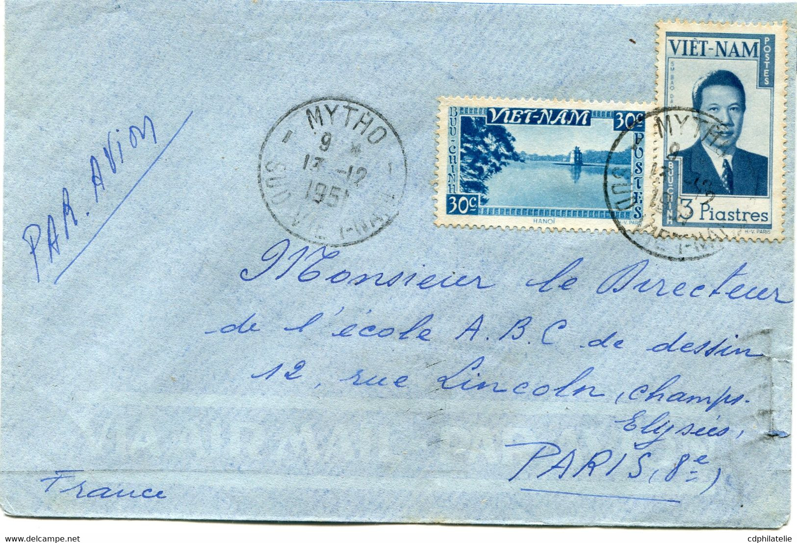 VIET-NAM LETTRE PAR AVION DEPART MYTHO 13-12-1951 SUD VIET-NAM POUR LA FRANCE - Viêt-Nam