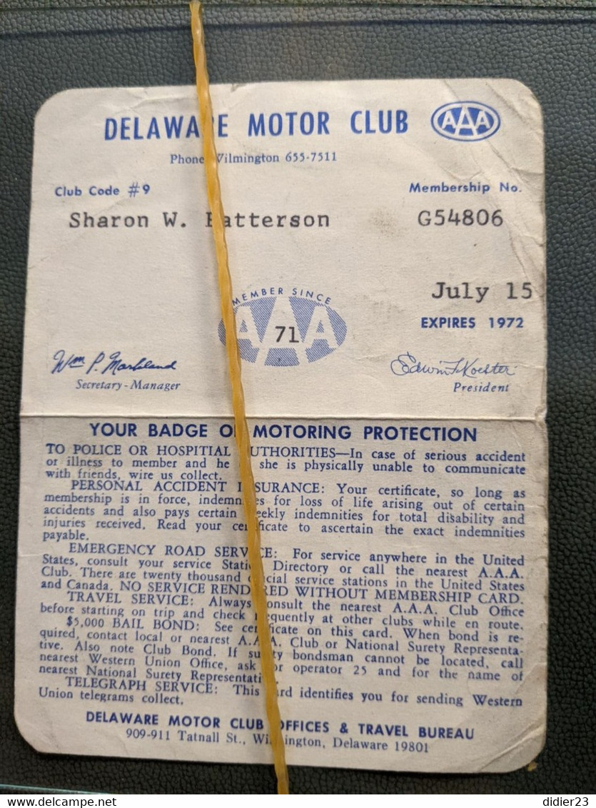 CARTE  MEMBRE DELAWARE MOTOR CLUB AAA 1971 USA - Moto