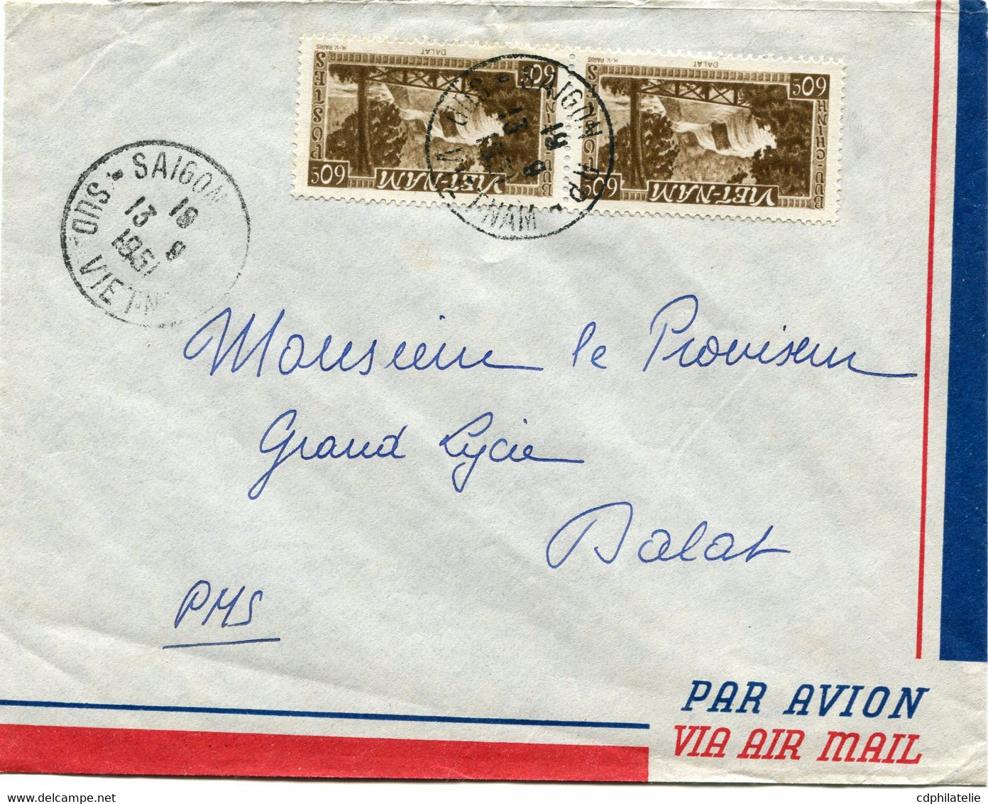 VIET-NAM LETTRE PAR AVION DEPART SAIGON 13-9-1951 SUD VIET-NAM POUR LE VIET-NAM - Viêt-Nam