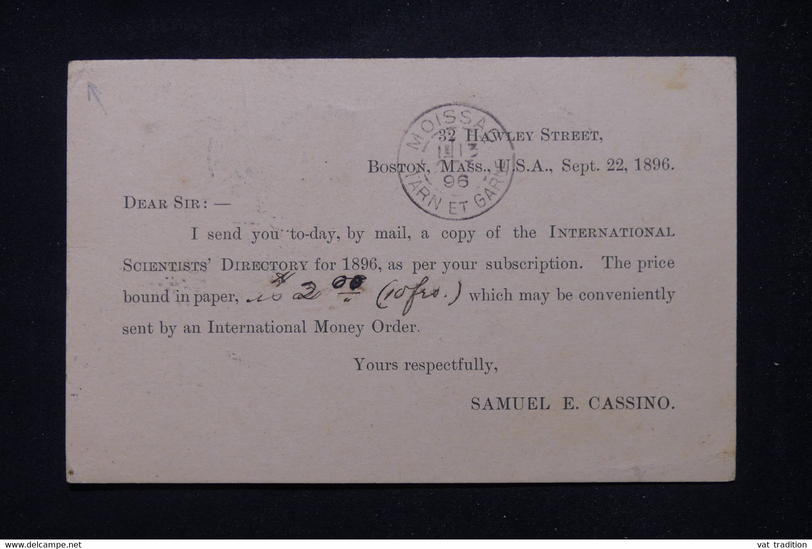 ETATS UNIS - Entier Postal Commercial De Boston Pour La France En 1896 - L 106355 - ...-1900