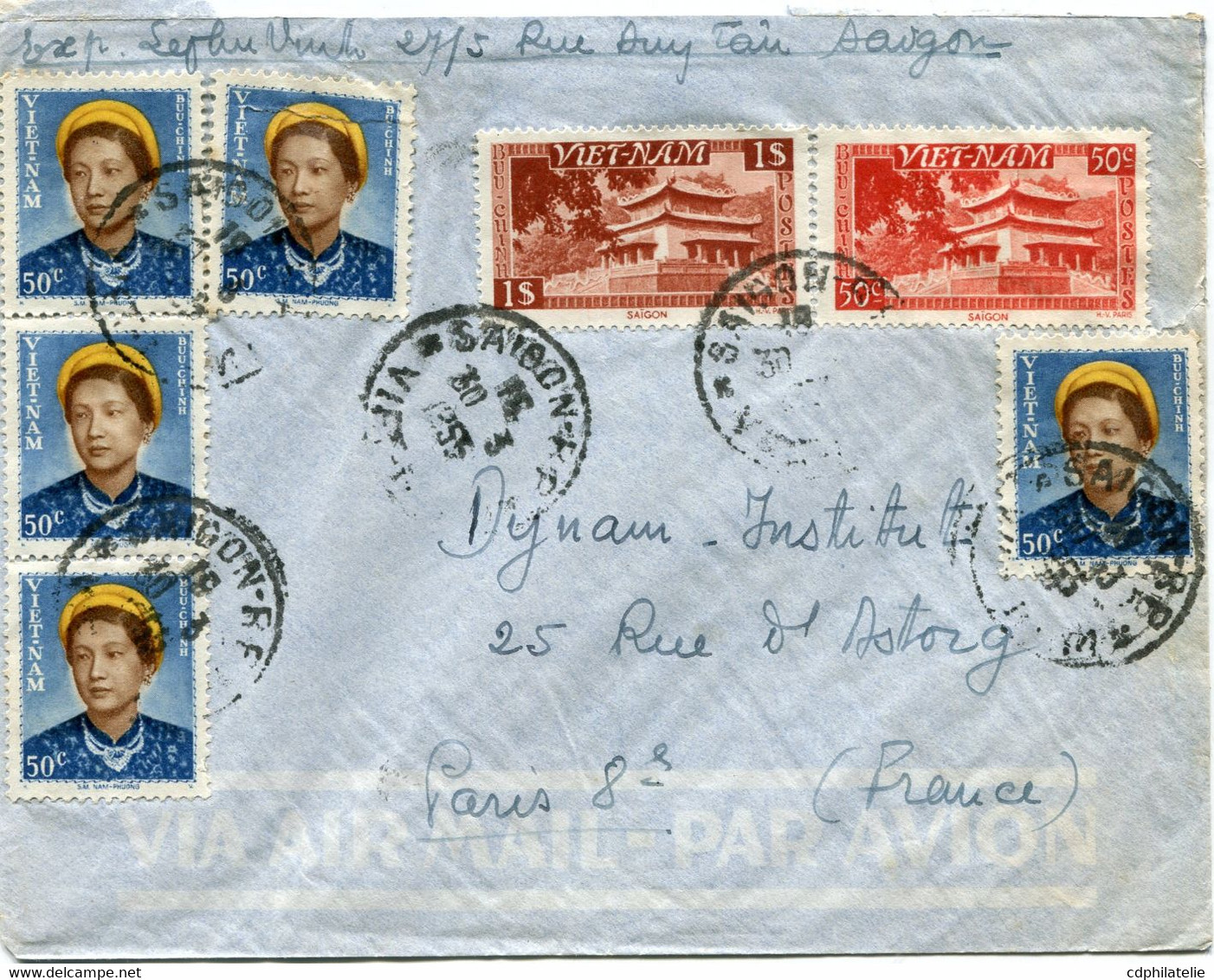 VIET-NAM LETTRE PAR AVION DEPART SAIGON 30-3-1955 VIET-NAM POUR LA FRANCE - Viêt-Nam