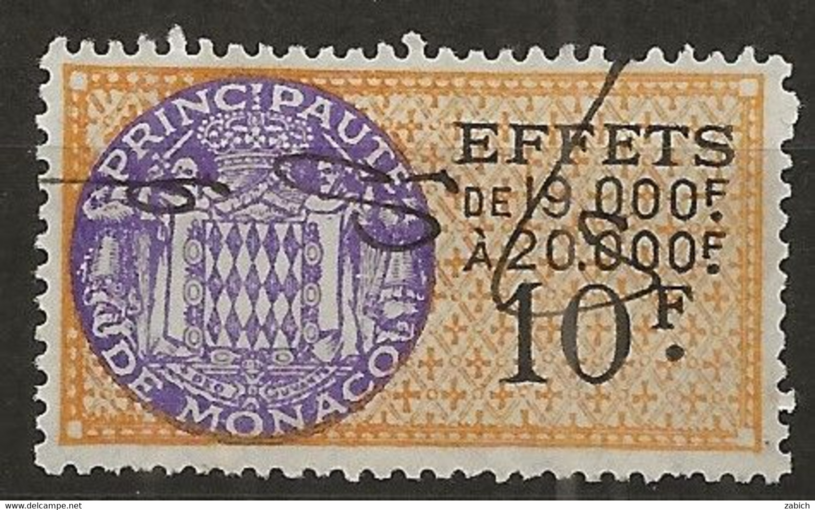 TIMBRES FISCAUX DE MONACO EFFETS DE COMMERCE  N°29   10F ORANGE Oblitere - Fiscali