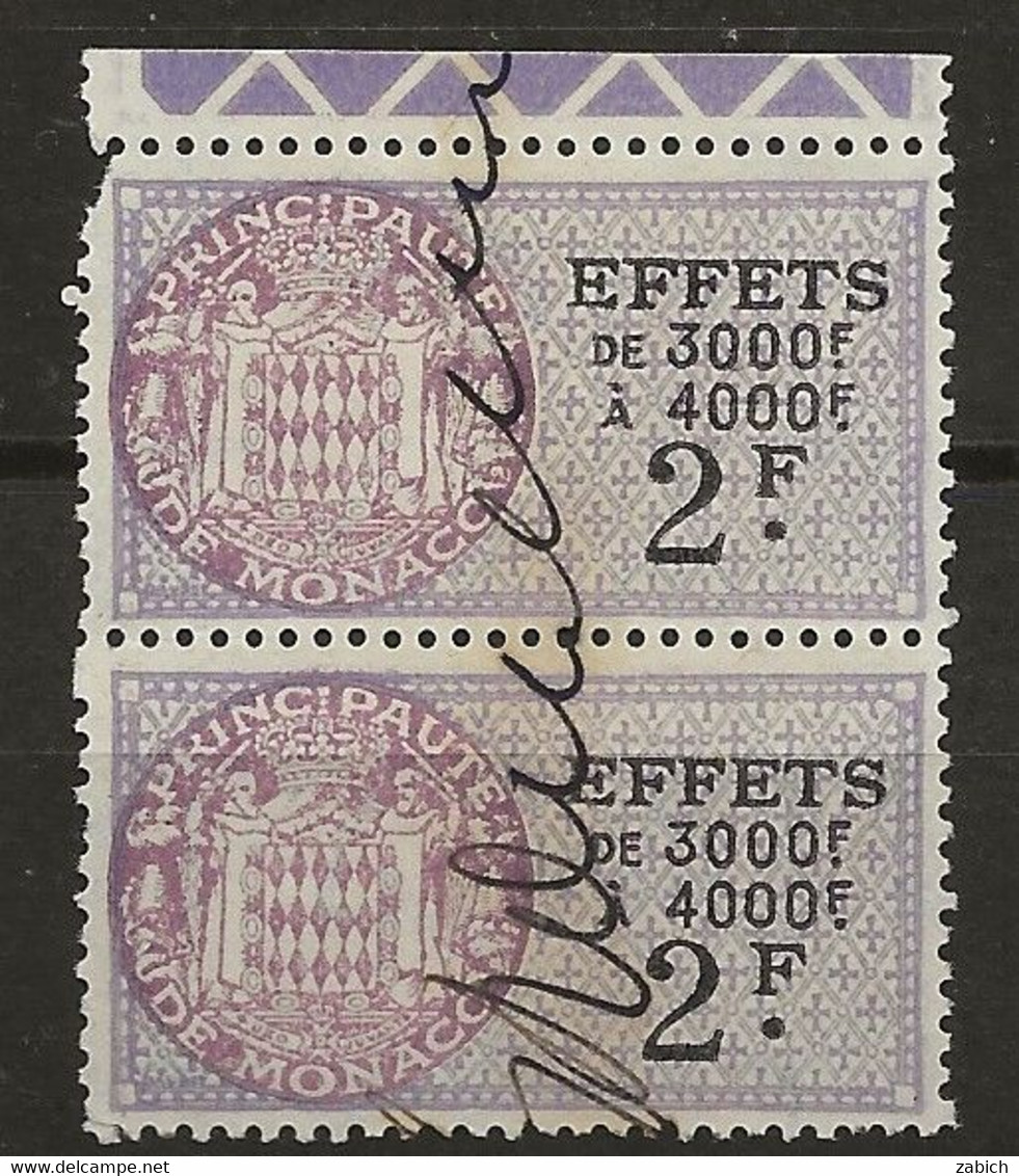 TIMBRES FISCAUX DE MONACO EFFETS DE COMMERCE Paire Du  N°26 2F Violet Obliterée - Revenue