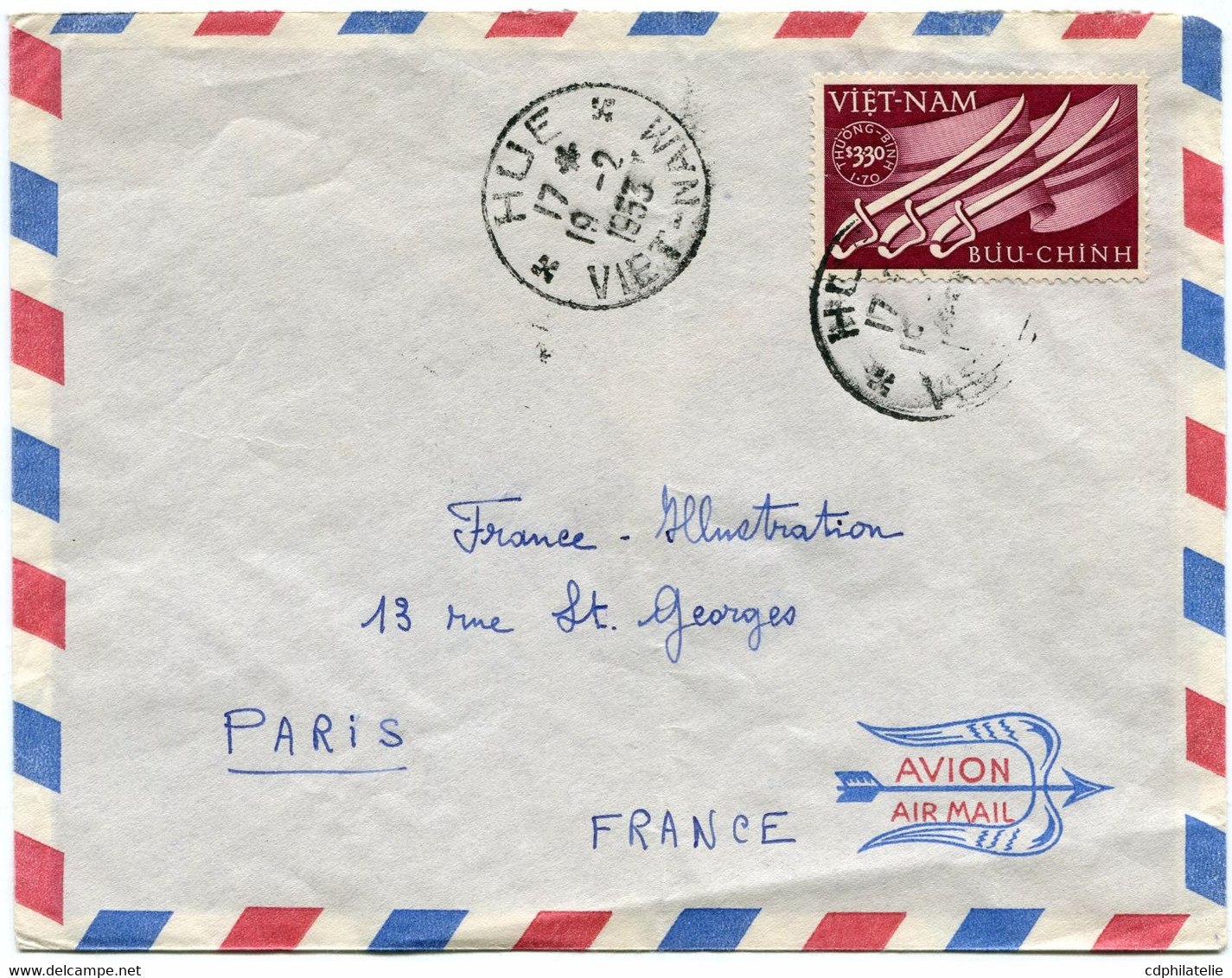 VIET-NAM LETTRE PAR AVION DEPART HUE 19-2-1953 VIET-NAM POUR LA FRANCE - Viêt-Nam