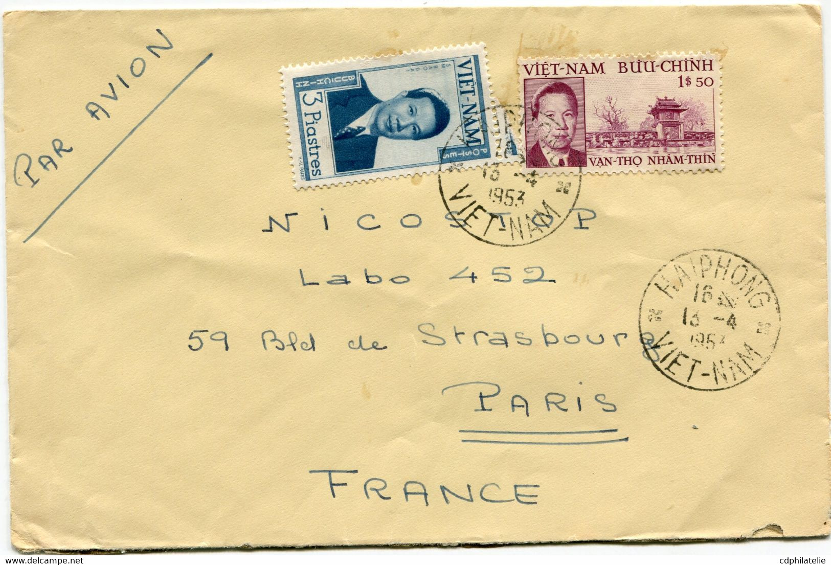 VIET-NAM LETTRE PAR AVION DEPART HAIPHONG 13-4-1953 VIET-NAM POUR LA FRANCE - Viêt-Nam