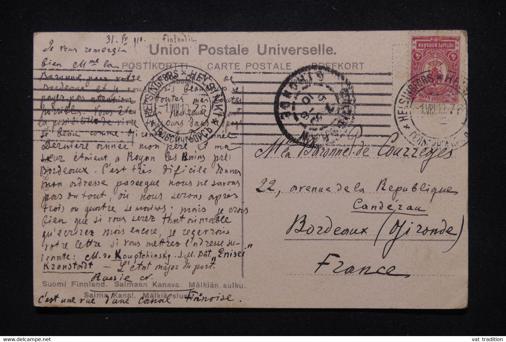 FINLANDE / RUSSIE - Affranchissement Occupation Russe Sur Carte Postale En 1910 Pour La France - L 106389 - Lettres & Documents