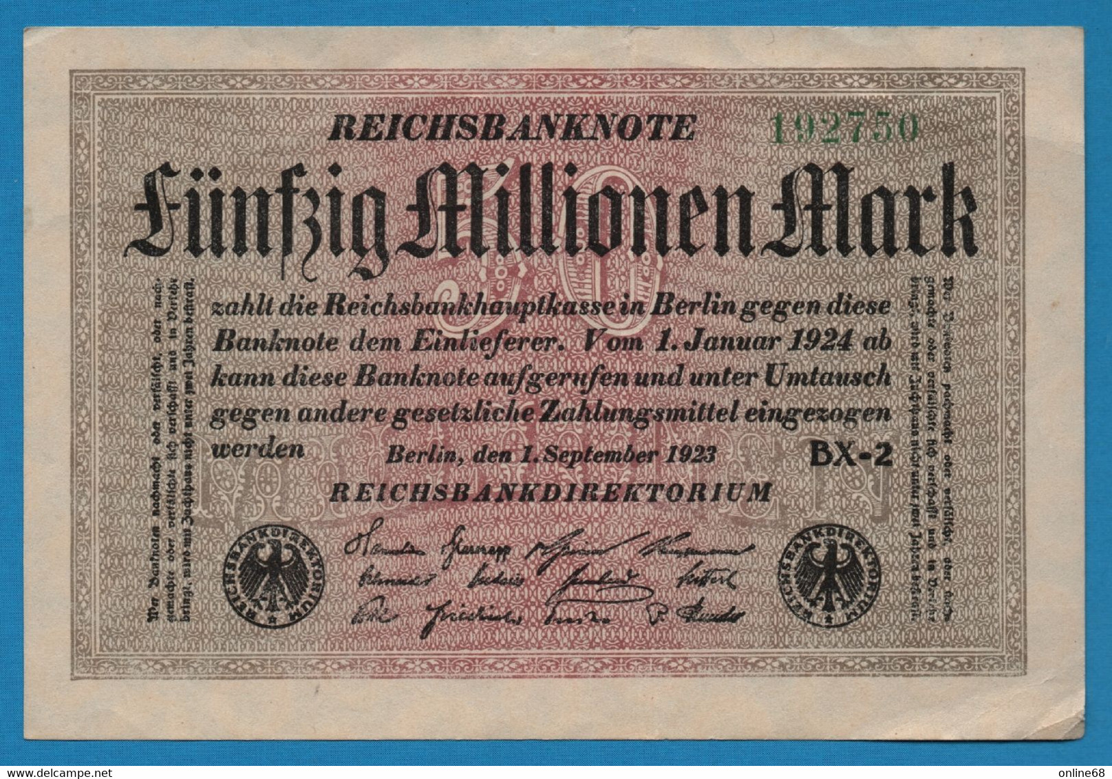 DEUTSCHES REICH 50 MILLIONEN MARK 01.09.1923 # BX-2 192750   P# 109c - 50 Mio. Mark