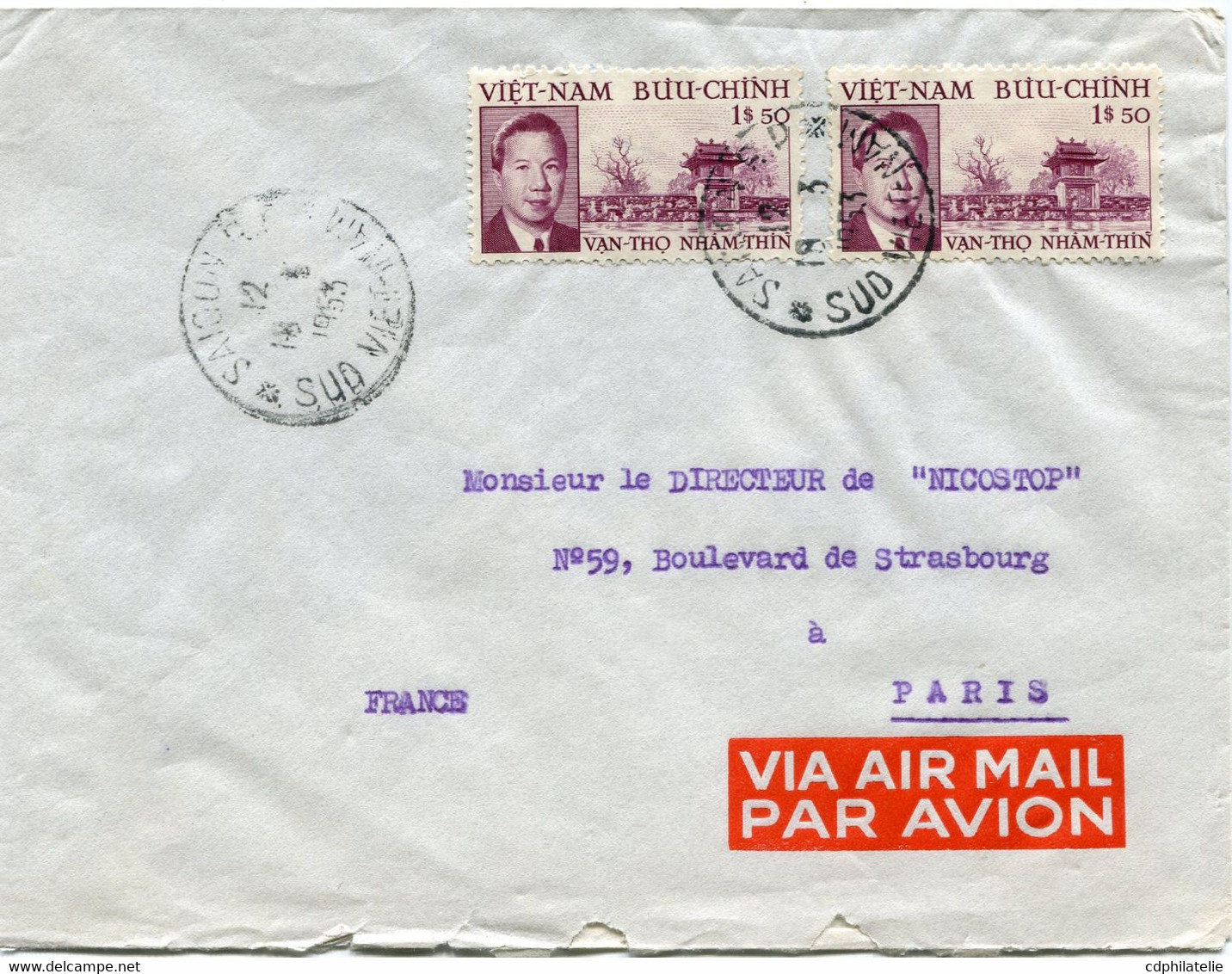 VIET-NAM LETTRE PAR AVION DEPART SAIGON 18-3-1953 SUD VIET-NAM POUR LA FRANCE - Viêt-Nam