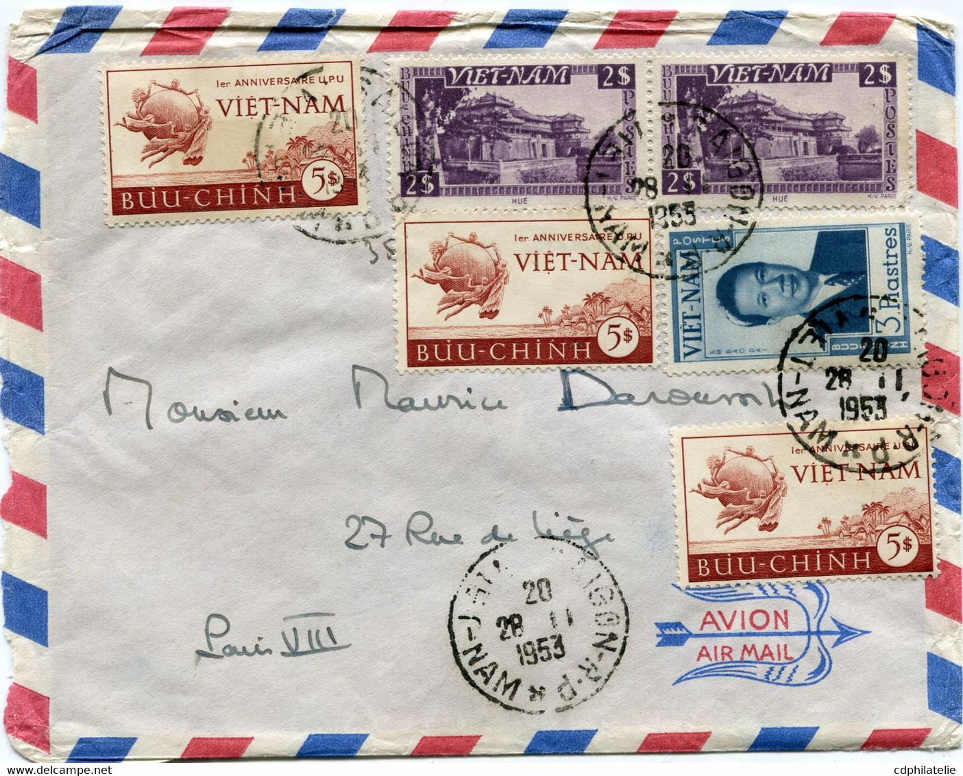 VIET-NAM LETTRE PAR AVION DEPART SAIGON 28-11-1953 VIET-NAM POUR LA FRANCE - Viêt-Nam