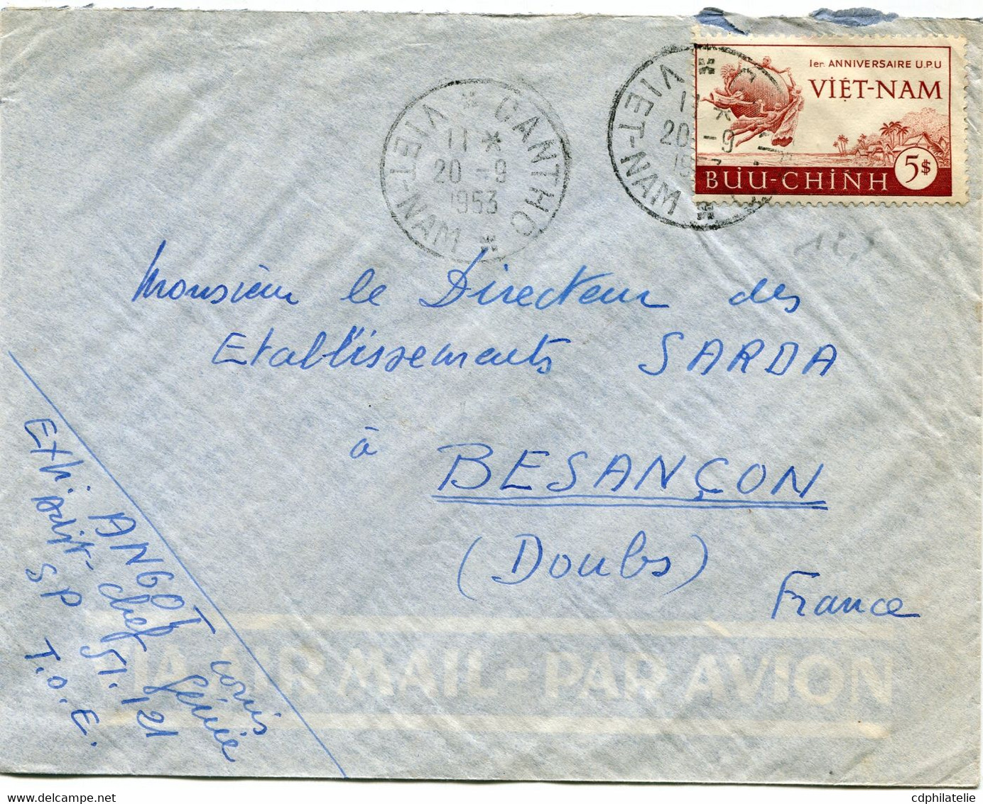 VIET-NAM LETTRE PAR AVION DEPART CANTHO 20-9-1953 VIET-NAM POUR LA FRANCE - Viêt-Nam