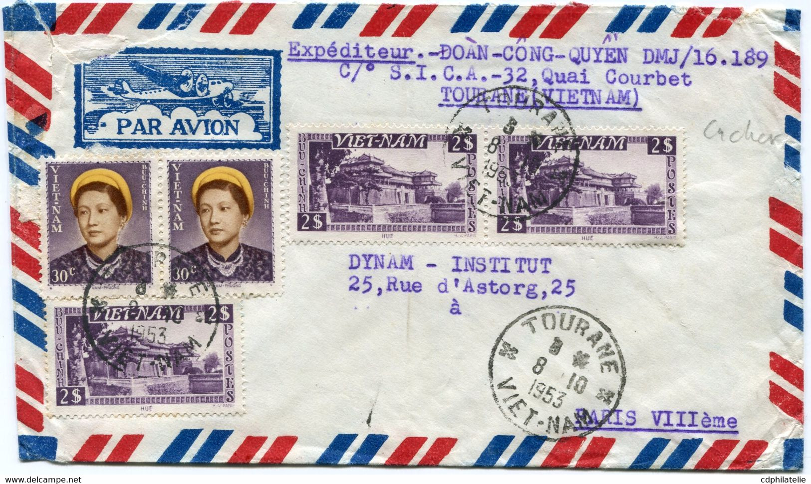 VIET-NAM LETTRE PAR AVION DEPART TOURANE 8-10-1953 VIET-NAM POUR LA FRANCE - Viêt-Nam