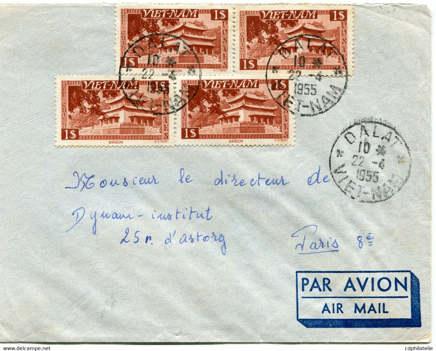 VIET-NAM LETTRE PAR AVION DEPART DALAT 22-4-1955 VIET-NAM POUR LA FRANCE - Viêt-Nam
