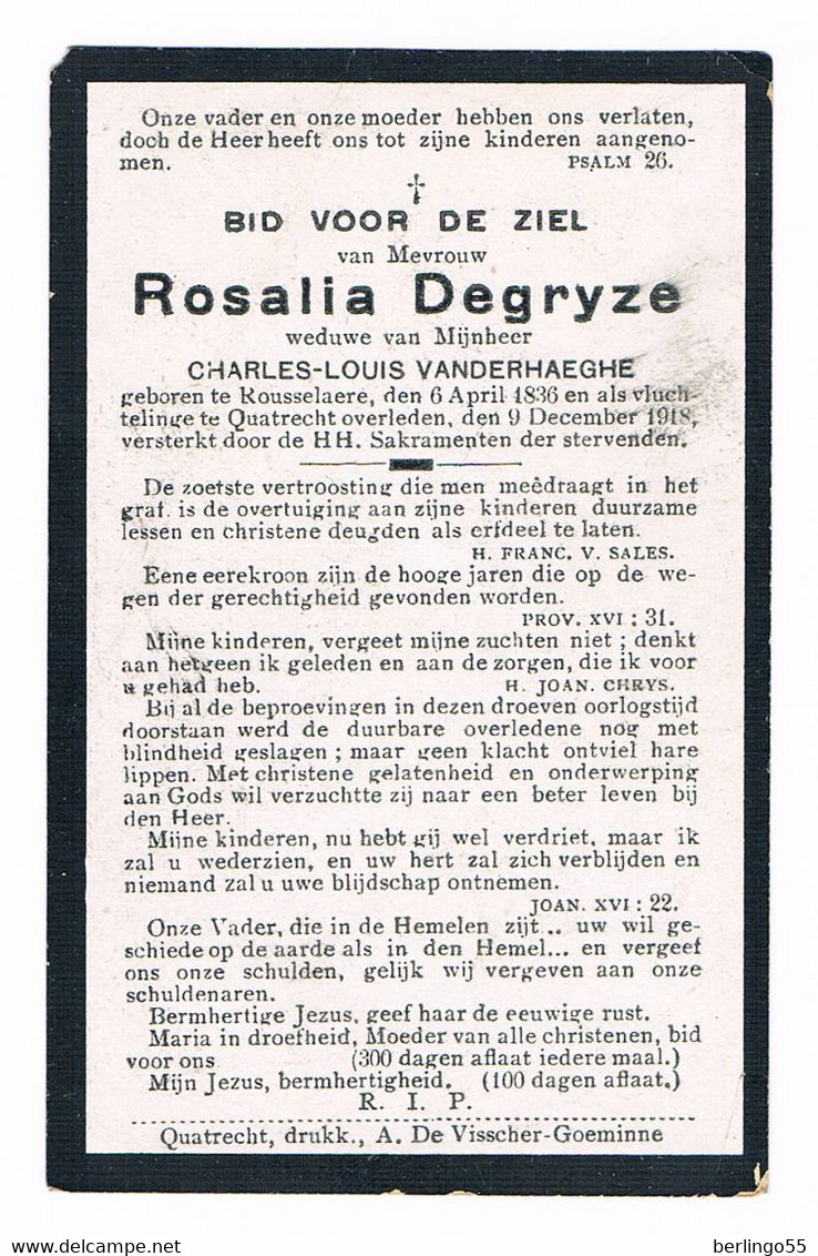 Dp:  Vluchteling. Degryze Rosalia. Wed.Vanderhaeghe C. ° Rousselaere 1836 &dagger;Quatrecht Overleden 1918  (2 Scan's) - Godsdienst & Esoterisme